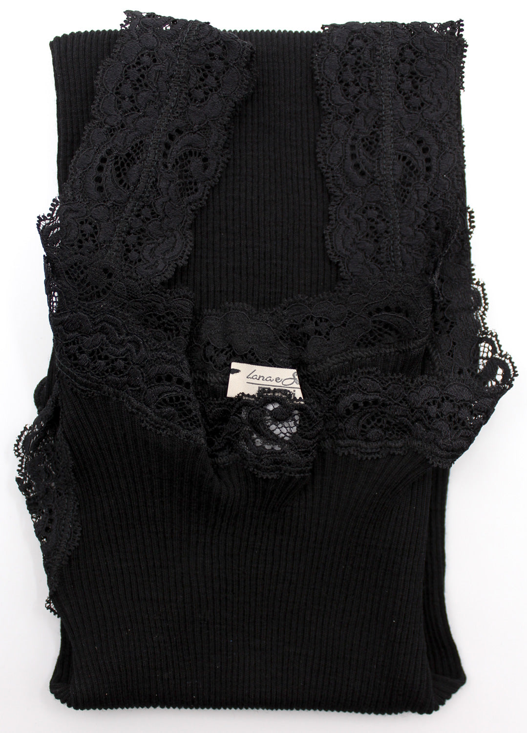 EGI Canotta Donna In Lana E Microfibra Made In Italy, Spalla Larga Plissé, Scollo A V Con Pizzo, Microcostina, Taglie S/M E L/XL